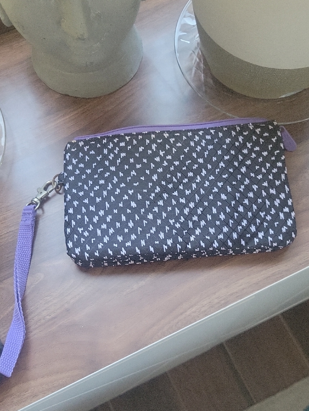 Thirty-One Black And Purple Easy Going Wristlet Little Scribble Pattern